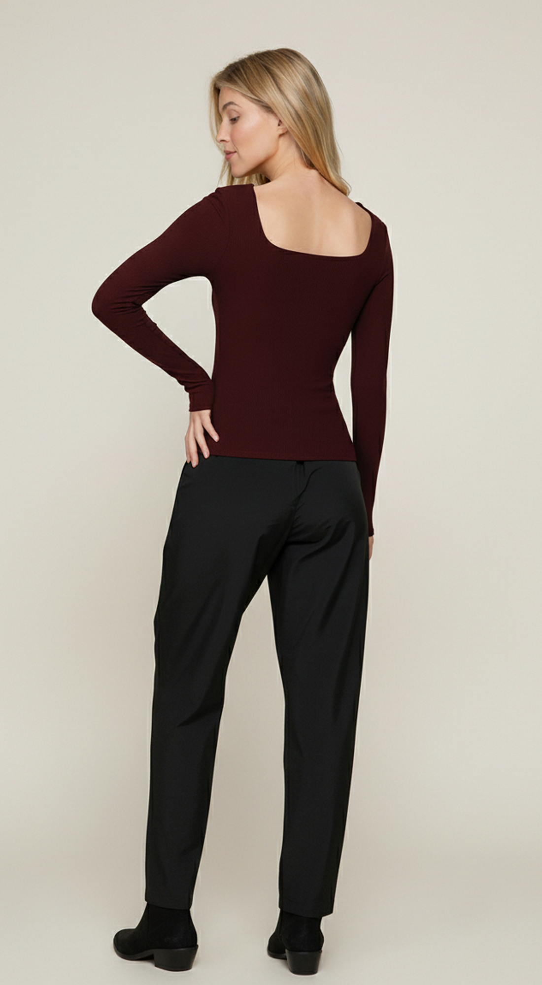 Long Slv Square Neck Double Layer Rib Knit Top