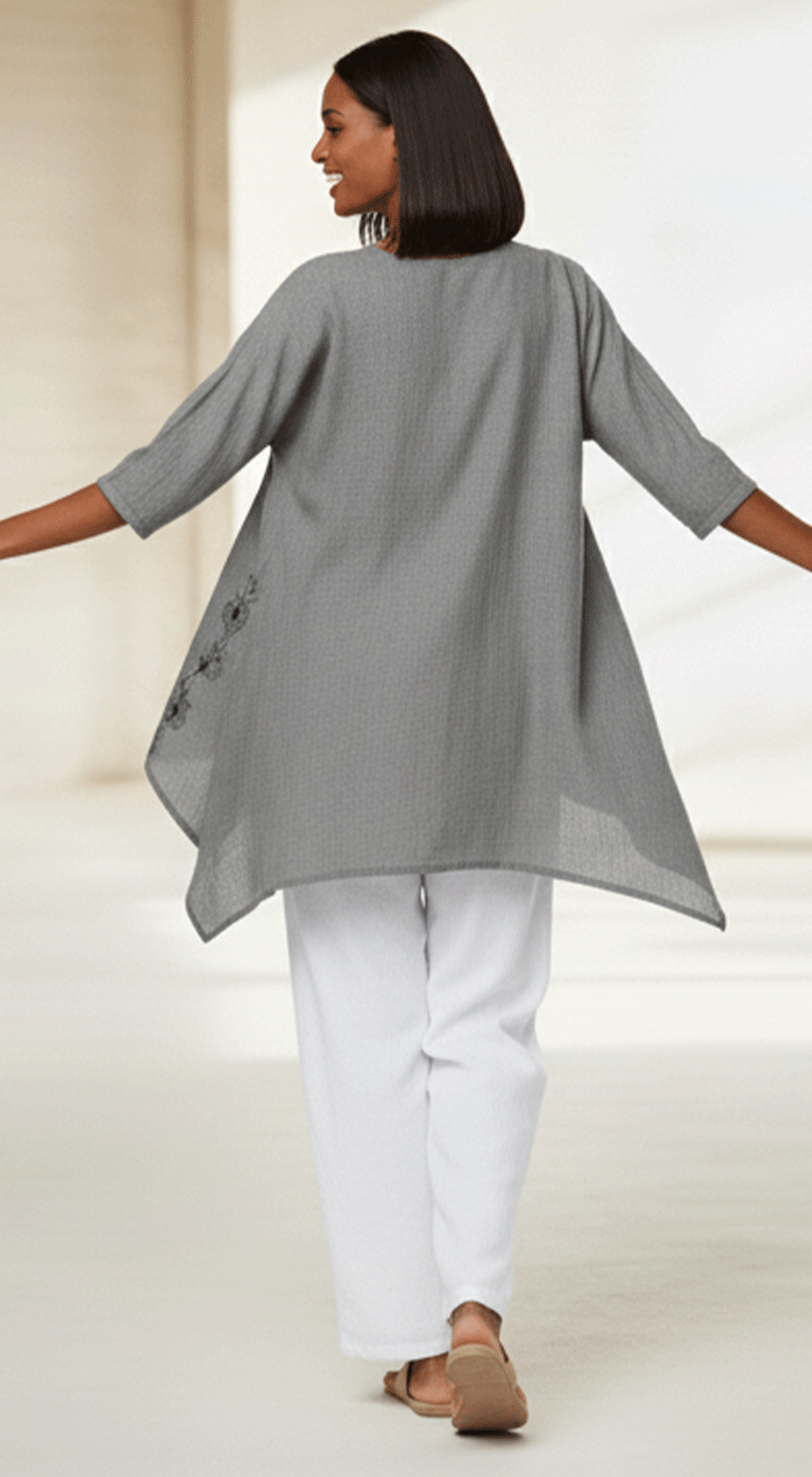 Gray Floral Embroidered Tunic Top