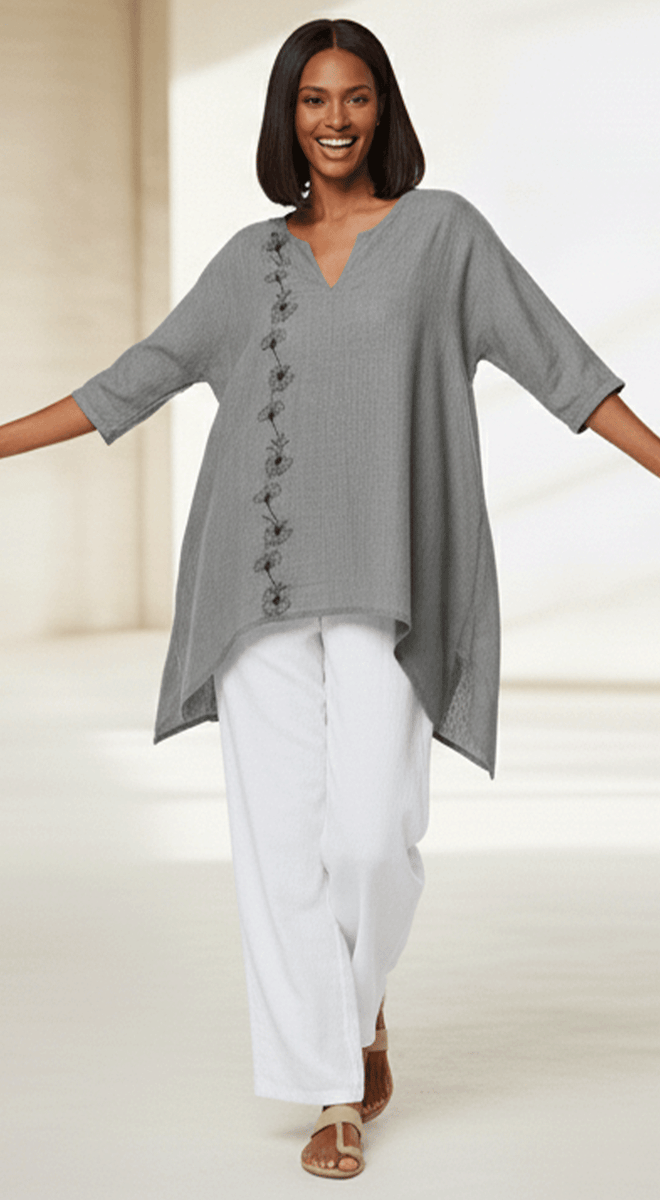 Gray Floral Embroidered Tunic Top Gray Floral Embroidered Tunic Top
